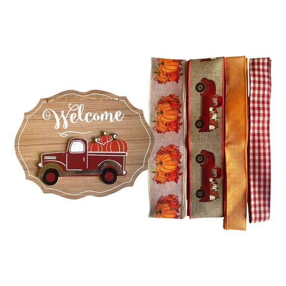 Fall Wreath Kit | Red Truck Welcome Sign & Pumpkin Ribbon Bundle | Autumn DIY - Picture 1 of 9